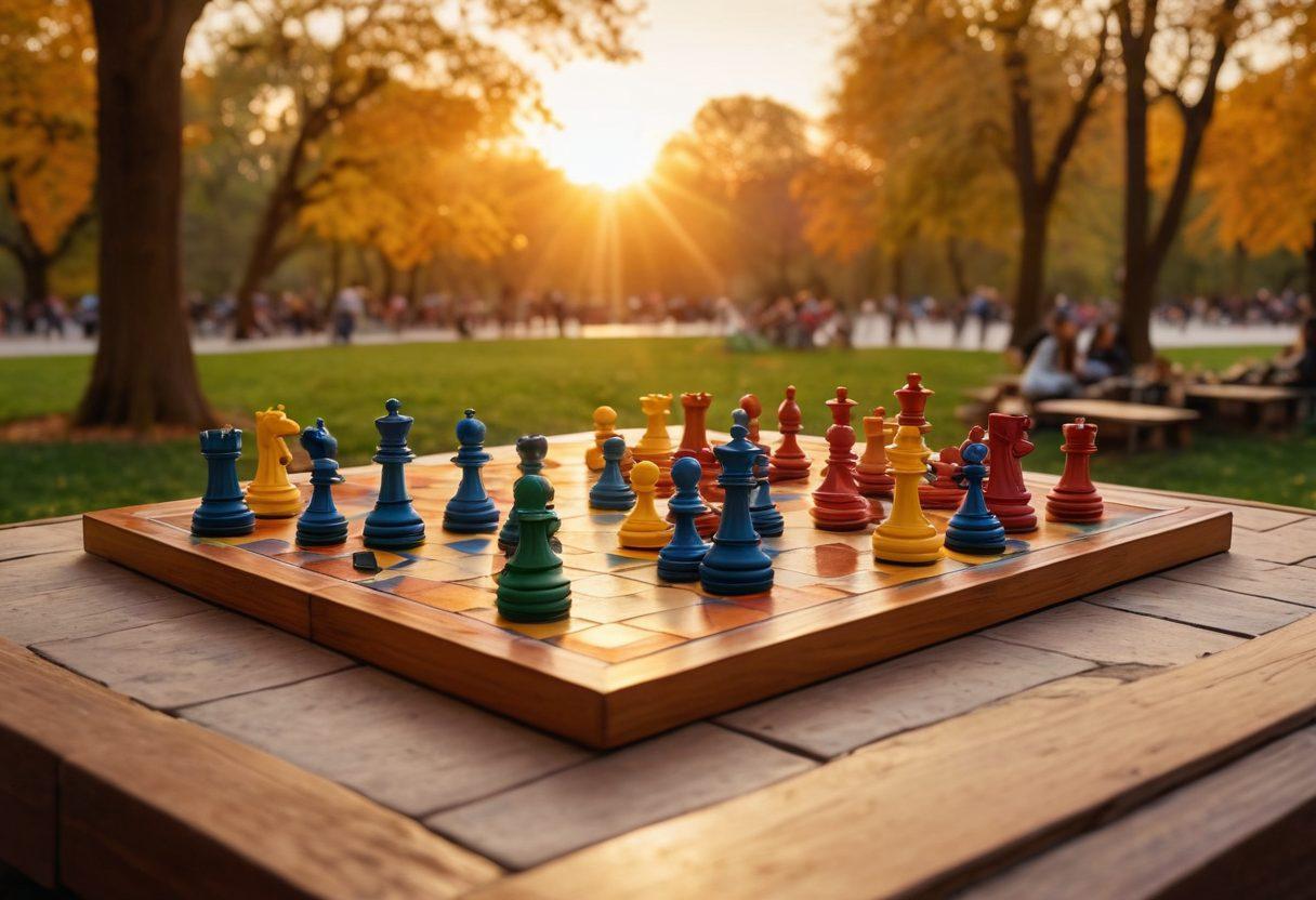 A captivating chessboard set in the middle of a bustling park, surrounded by diverse groups of people engaging in lively chess matches, while a few individuals share tips and tricks on the sidelines. The scene is infused with vibrant colors, showcasing various chess pieces in action, with a sunset backdrop to create an inspiring atmosphere. super-realistic. vibrant colors. dynamic composition.