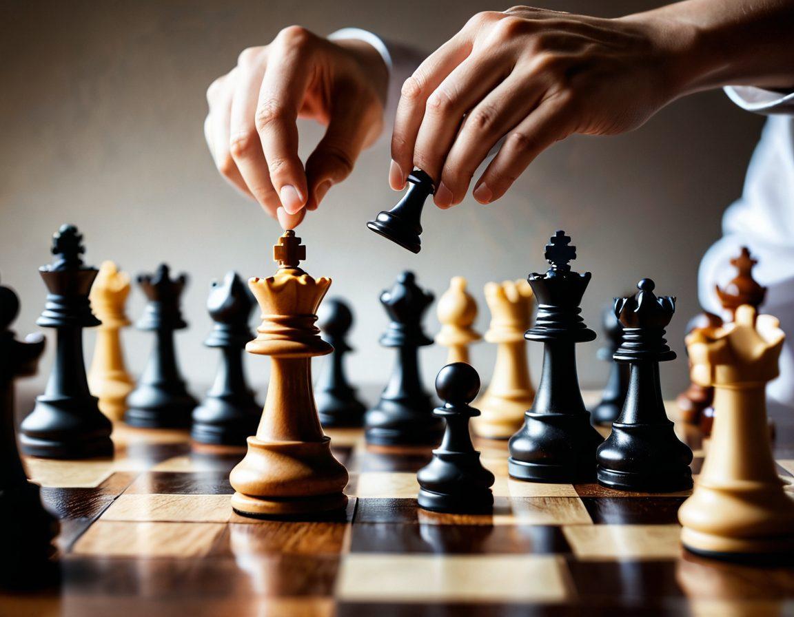 A dramatic close-up of a chessboard in mid-game, with intricately designed chess pieces in sharp focus, showcasing a tense moment of strategy. The background is softly blurred, highlighting a pair of hands thoughtfully poised over a piece, representing deep concentration. Incorporate muted, elegant colors for a classic feel, with soft ambient lighting. super-realistic. vibrant colors. white background.