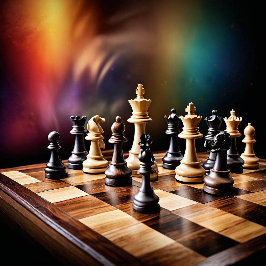A visually striking chessboard displaying a dynamic game in progress, with detailed pieces in the midst of an intense opening strategy transitioning into a complex endgame. The background features a faded image of a grand chess tournament, while chess pieces are illustrated with intricate patterns and textures. The color palette is rich and vibrant, showcasing deep woods and metallic contrasts. super-realistic. vibrant colors. 3D.